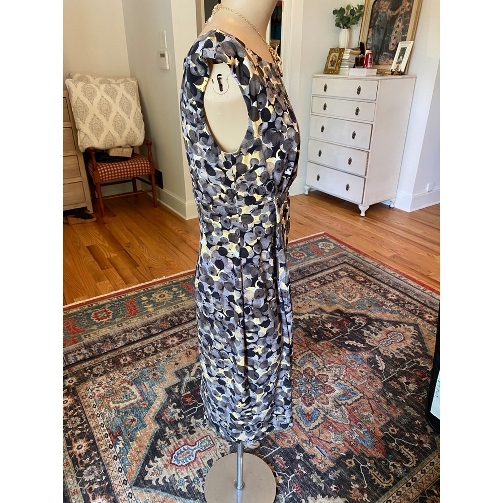 Connected Apparel Grey Yellow Abstract Print Faux Wrap Sheath Dress Size 8 - Picture 8 of 10